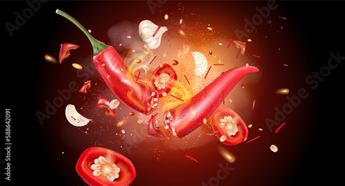 Red chili pepper bottle sauce with chili powder splashing elements on Fire in dark color background  Vector realistic in 3D illustration.