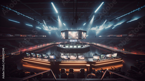 Generative AI of the interior of a sports arena in the dark photo