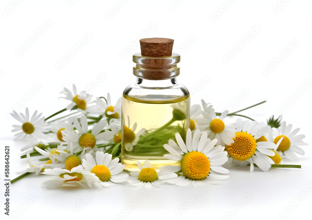Fresh Daisy Flowers and Essential Oil in Glass Bottles isolated on white Fresh Daisy Flowers and Essential Oil in Glass Bottles isolated on white