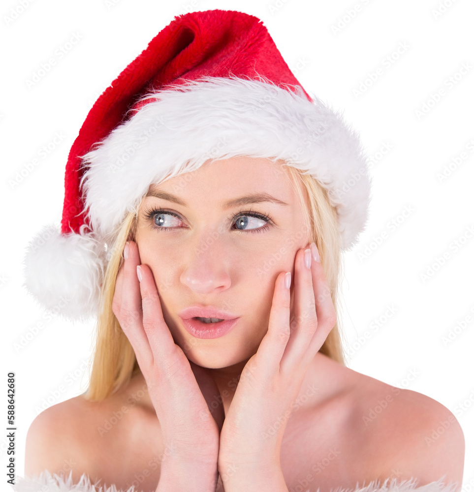 Obraz premium Festive blonde looking surprised with hands on face