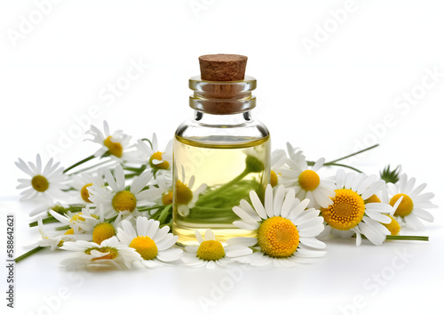 Fresh Daisy Flowers and Essential Oil in Glass Bottles isolated on white