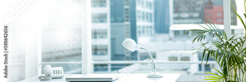 Lamp with laptop and telephone on desk in office