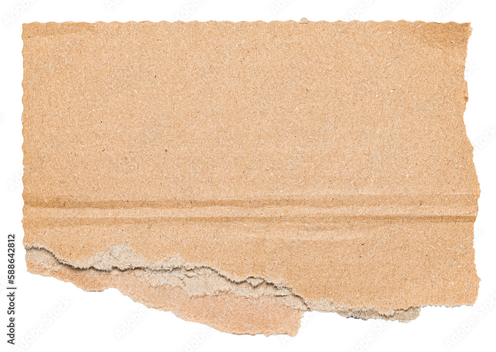 Isolated crumpled blank brown cardboard paper, top view from above on white or transparent background
