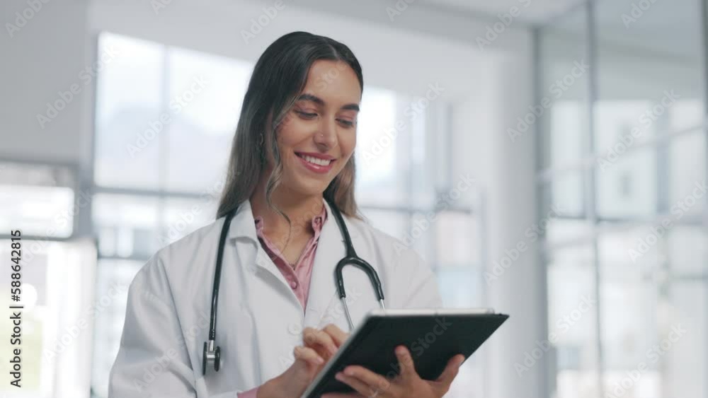 Smile, hospital and woman doctor with tablet on social media, laughing at funny meme or post for medical research. Internet search, healthcare and happiness, expert at clinic while networking online. Smile, hospital and woman doctor with tablet on social media, laughing at funny meme or post for medical research. Internet search, healthcare and happiness, expert at clinic while networking online.
