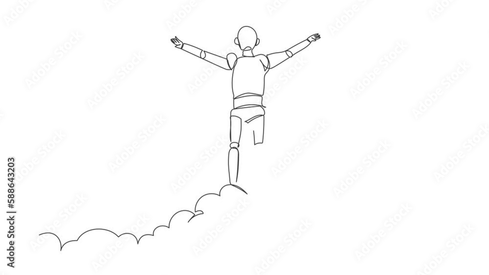 Self drawing animation of single line draw robot on top of cloud with raised hand. Future technology. Artificial intelligence and machine learning processes. Continuous line draw. Full length animated Self drawing animation of single line draw robot on top of cloud with raised hand. Future technology. Artificial intelligence and machine learning processes. Continuous line draw. Full length animated
