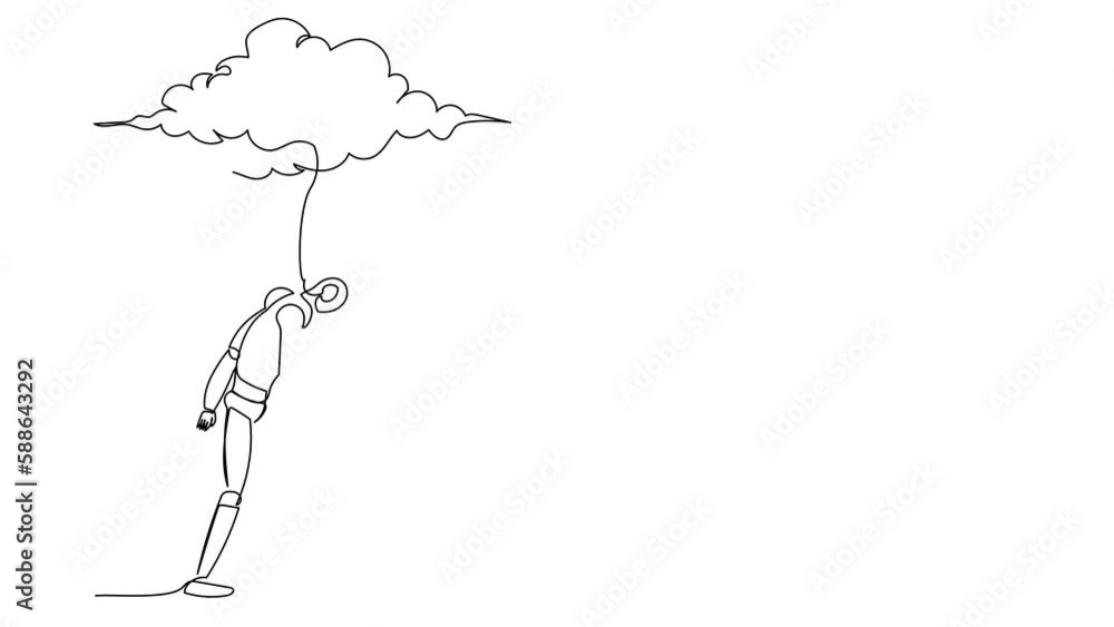 Self drawing animation of single line draw robot walking under rain cloud. Loneliness in overcast weather. Technology development. Artificial intelligence. Continuous line draw. Full length animated Self drawing animation of single line draw robot walking under rain cloud. Loneliness in overcast weather. Technology development. Artificial intelligence. Continuous line draw. Full length animated