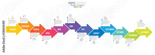 Timeline infographic presentation for 1 year 12 months used for Business concept with 12 options, steps and processes.