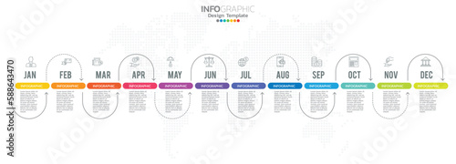 Timeline infographic presentation for 1 year 12 months used for Business concept with 12 options, steps and processes.