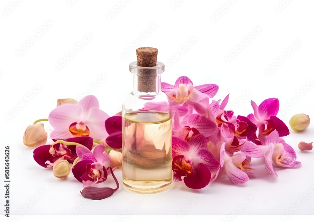 Elegant Essential Orchids Oil in Glass Bottle with Fresh Orchids, isolated on white, Generative AI Elegant Essential Orchids Oil in Glass Bottle with Fresh Orchids, isolated on white, Generative AI