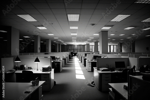 View of white and black open space office interior with rows of computer tables with desktops standing on them. Generative AI