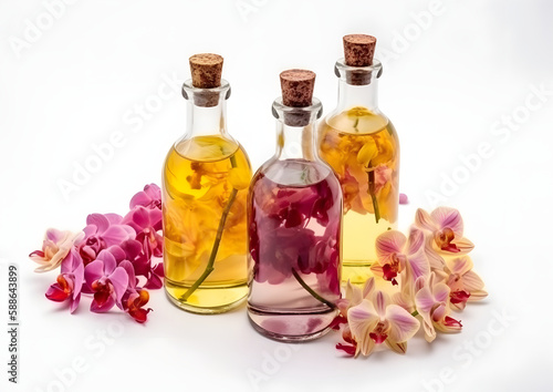 Elegant Essential Orchids Oil in Glass Bottle with Fresh Orchids  isolated on white  Generative AI