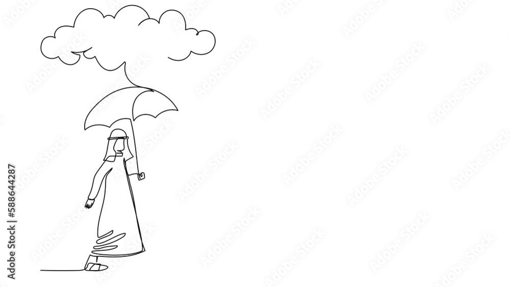 Animated self drawing of continuous line draw Arabian businessman walking with umbrella under rain cloud. Depression, failed in business, passerby at rainy weather. Full length one line animation Animated self drawing of continuous line draw Arabian businessman walking with umbrella under rain cloud. Depression, failed in business, passerby at rainy weather. Full length one line animation
