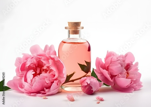 Fresh and Fragrant: Essential Rose Oil in Glass Bottle isolated on white