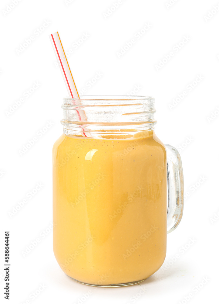 Mason jar of tasty yellow smoothie with straw on white background Mason jar of tasty yellow smoothie with straw on white background