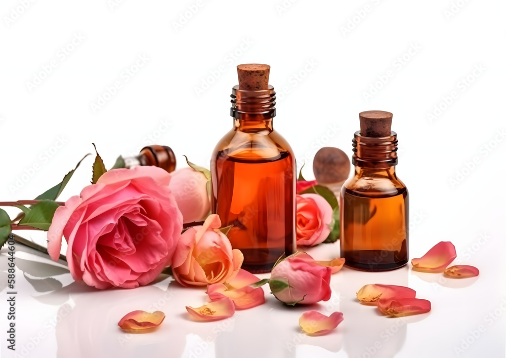Fresh and Fragrant: Essential Rose Oil in Glass Bottle isolated on white Fresh and Fragrant: Essential Rose Oil in Glass Bottle isolated on white