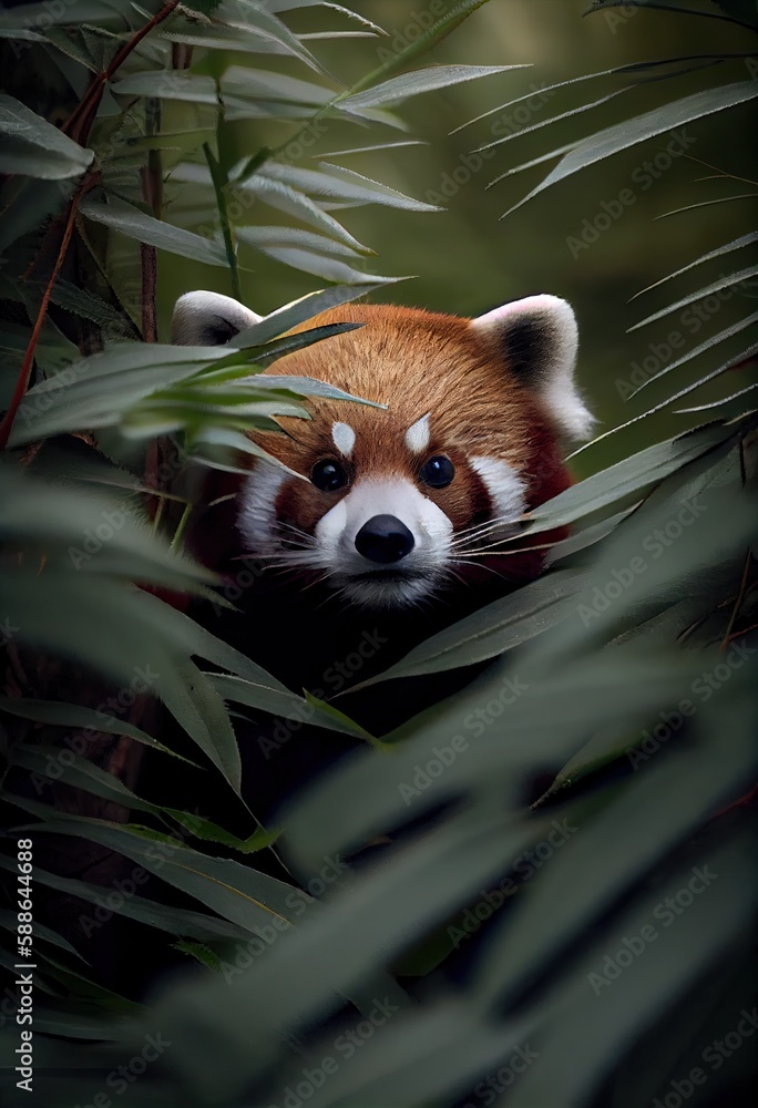 Red panda peeking out from behind a clump of ferns, its face framed by delicate leaves, generative ai Red panda peeking out from behind a clump of ferns, its face framed by delicate leaves, generative ai