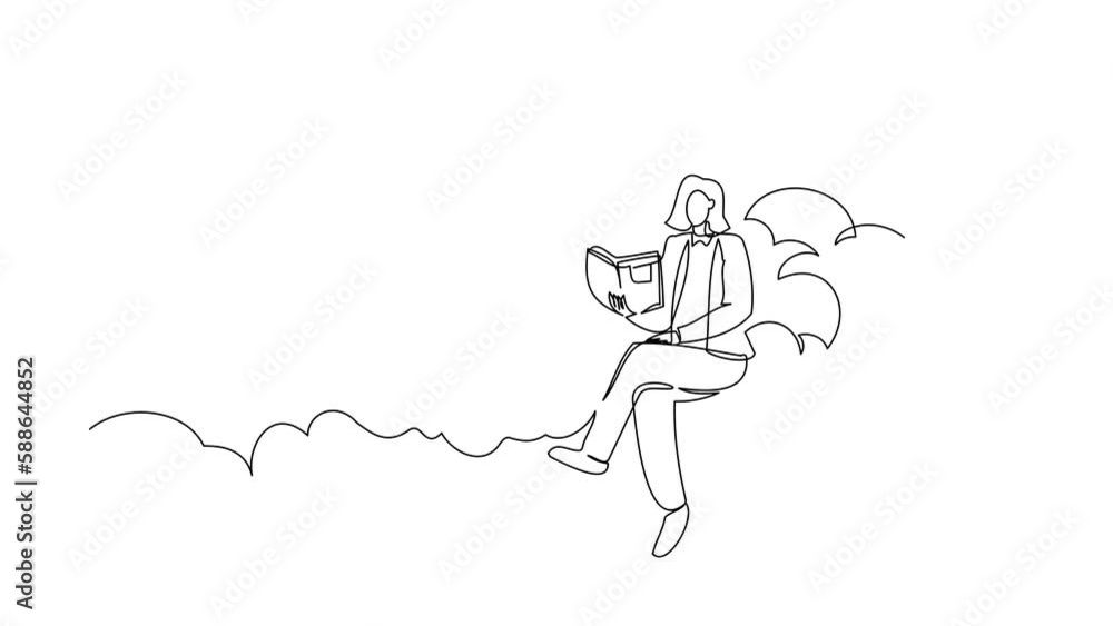 Self drawing animation of single line draw clever businesswoman sitting on cloud reading book. Studying for higher education. Pursuit career growth in the office. Continuous line. Full length animated Self drawing animation of single line draw clever businesswoman sitting on cloud reading book. Studying for higher education. Pursuit career growth in the office. Continuous line. Full length animated