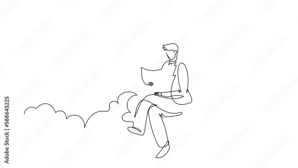 Animated self drawing of continuous line draw businessman sitting on cloud reading book. Higher education to pursuit career growth. Office worker study literature. Full length single line animation