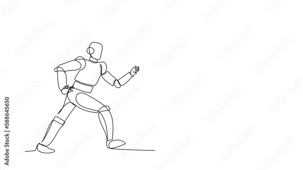 Self drawing animation of single one line draw robot running chasing briefcase. Leather factory. Future technology development. Artificial intelligence processes. Continuous line. Full length animated Self drawing animation of single one line draw robot running chasing briefcase. Leather factory. Future technology development. Artificial intelligence processes. Continuous line. Full length animated