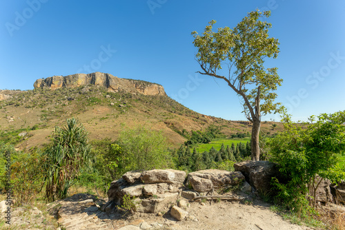 Isalo National Park in Ihorombe Region. Wilderness landscape with water erosion into rocky outcrops, plateaus, extensive plains and deep canyons. Beautiful Madagascar landscape.