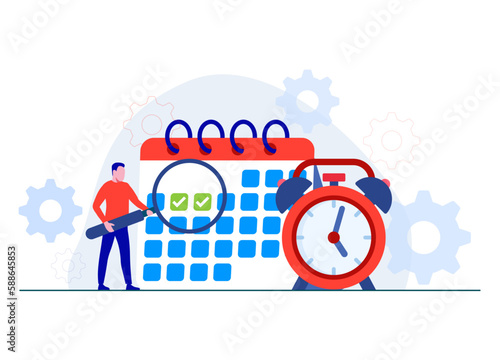 Empowering business planning and efficiency - business time management, productivity, Flat illustration of a male employee with calendar and clock, Efficient workday