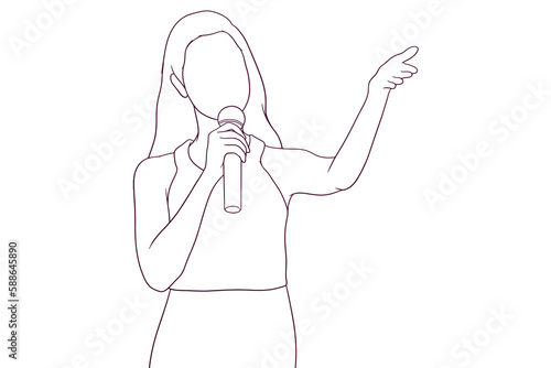 Female Speaker with a Microphone, Presentation and Public Speaking Concept, Hand Drawn Vector Illustration