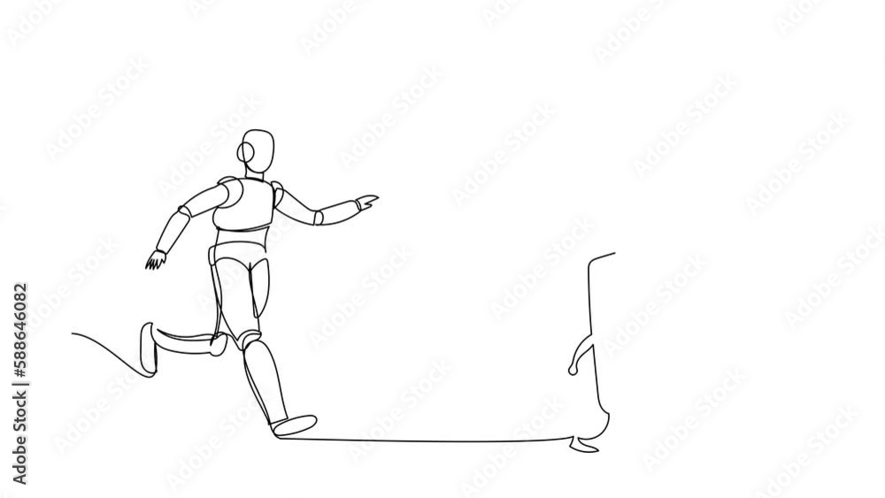 Self drawing animation of single one line draw robot chasing calculator. Calculation of expenses in tech factory. Technology development. Artificial intelligence. Continuous line. Full length animated Self drawing animation of single one line draw robot chasing calculator. Calculation of expenses in tech factory. Technology development. Artificial intelligence. Continuous line. Full length animated