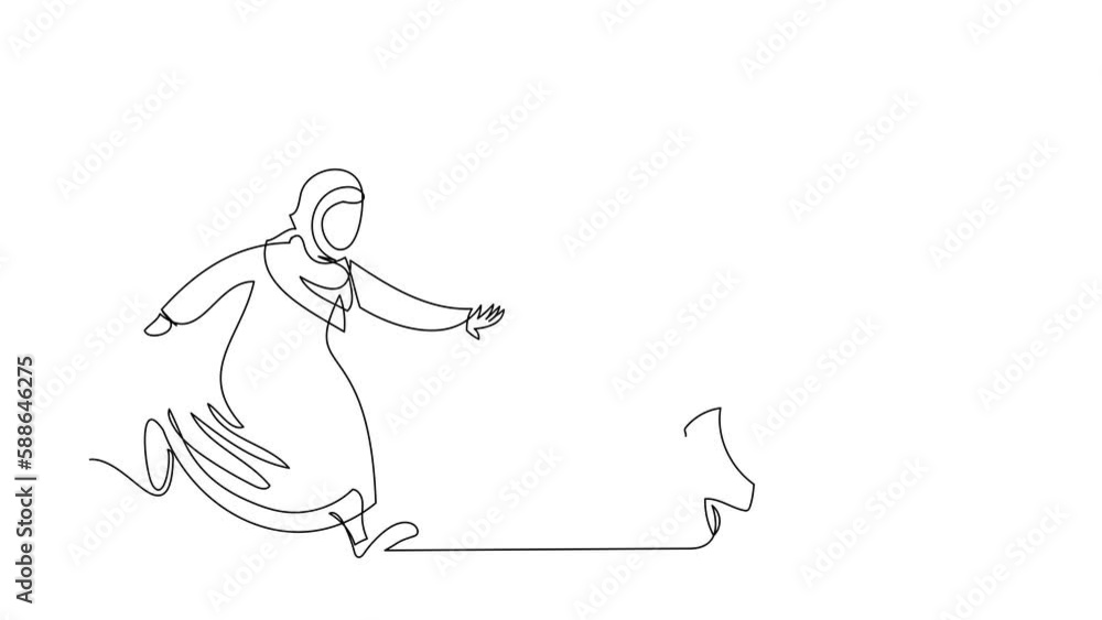 Animated self drawing of continuous line draw Arab businesswoman chase dollar coin. Office worker want to get much money as possible. Arabian manager chasing success. Full length single line animation Animated self drawing of continuous line draw Arab businesswoman chase dollar coin. Office worker want to get much money as possible. Arabian manager chasing success. Full length single line animation