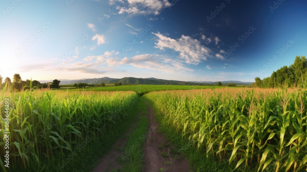 Corn field, agricultural landscape. Generative AI Corn field, agricultural landscape. Generative AI