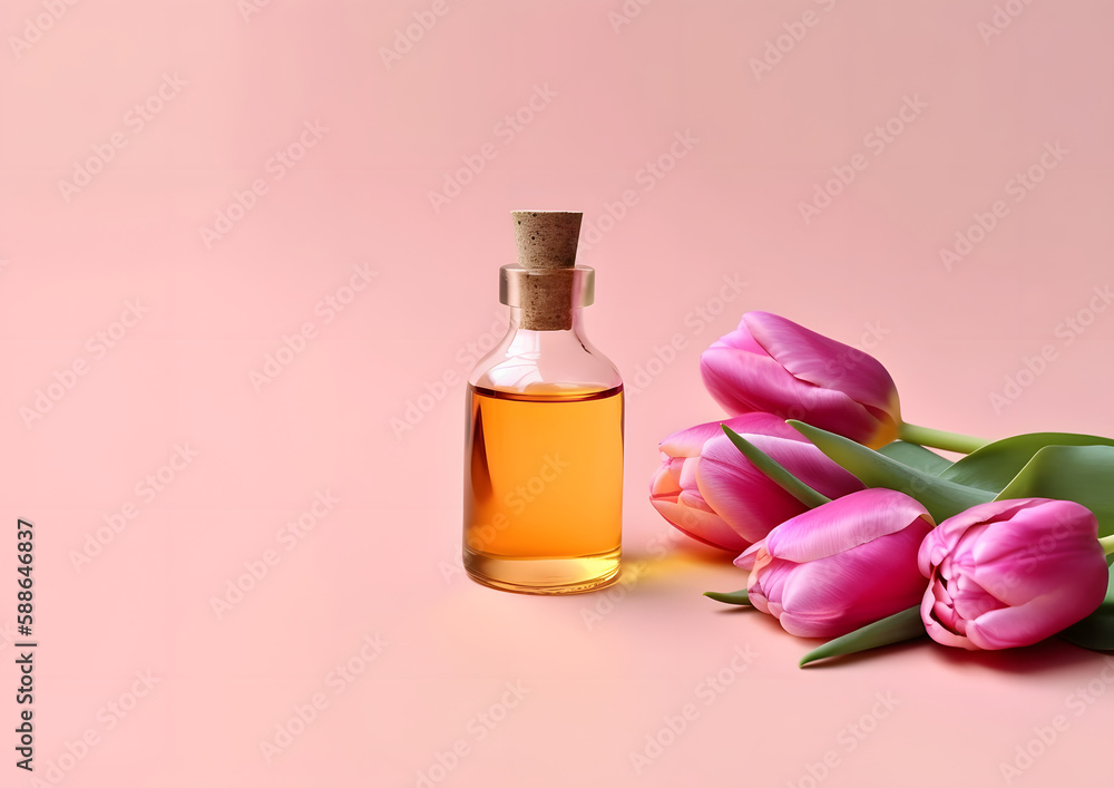 Aromatic Essential Oil in Glass Bottle with Beautiful Fresh Tulip Flowers isolated on pink background, Generative AI Aromatic Essential Oil in Glass Bottle with Beautiful Fresh Tulip Flowers isolated on pink background, Generative AI