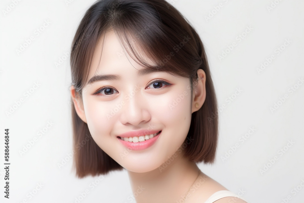 Beautiful Asian Woman, Close up on her face with Smooth skin look at the camera on a White background in Studio light. generative AI Beautiful Asian Woman, Close up on her face with Smooth skin look at the camera on a White background in Studio light. generative AI