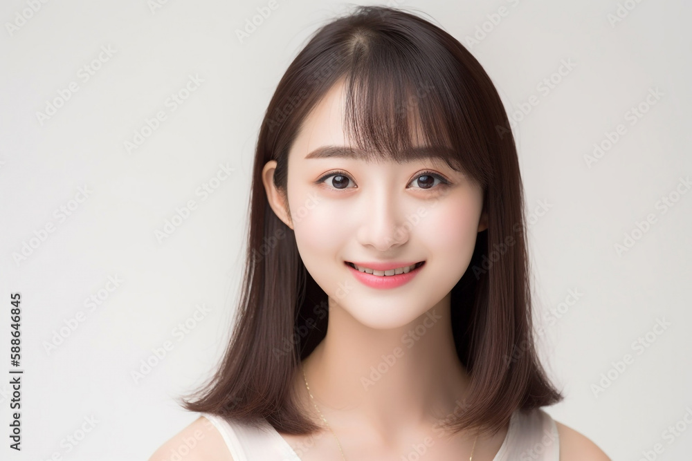 Beautiful Asian Woman, Close up on her face with Smooth skin look at the camera on a White background in Studio light. generative AI Beautiful Asian Woman, Close up on her face with Smooth skin look at the camera on a White background in Studio light. generative AI