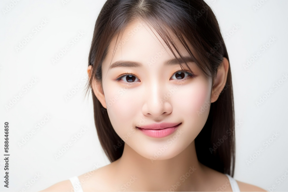 Beautiful Asian Woman, Close up on her face with Smooth skin look at the camera on a White background in Studio light. generative AI Beautiful Asian Woman, Close up on her face with Smooth skin look at the camera on a White background in Studio light. generative AI