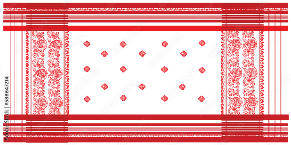 gamosa or gamusa from assam.gamosa textile pattern. gamosa or gamusa is an article of significance for the indigenous people of Assam, India. It is generally a white rectangular piece of cloth . - obrazy, fototapety, plakaty 