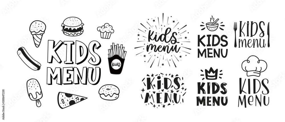 Kids menu. Logo set for banner, flyer, poster design. Meal menu vector template. Kids food concept. Cute black and white illustration. Children nutrition logo symbol. Funny label kids food menu.