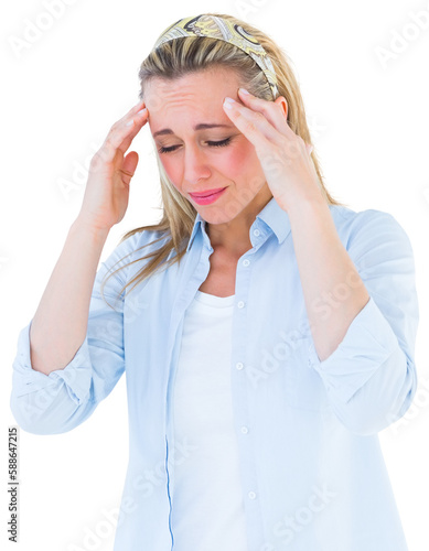 Upset woman suffering with headache