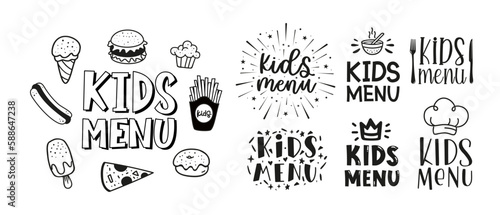 Kids menu. Logo set for banner, flyer, poster design. Meal menu vector template. Kids food concept. Cute black and white illustration. Children nutrition logo symbol. Funny label kids food menu.