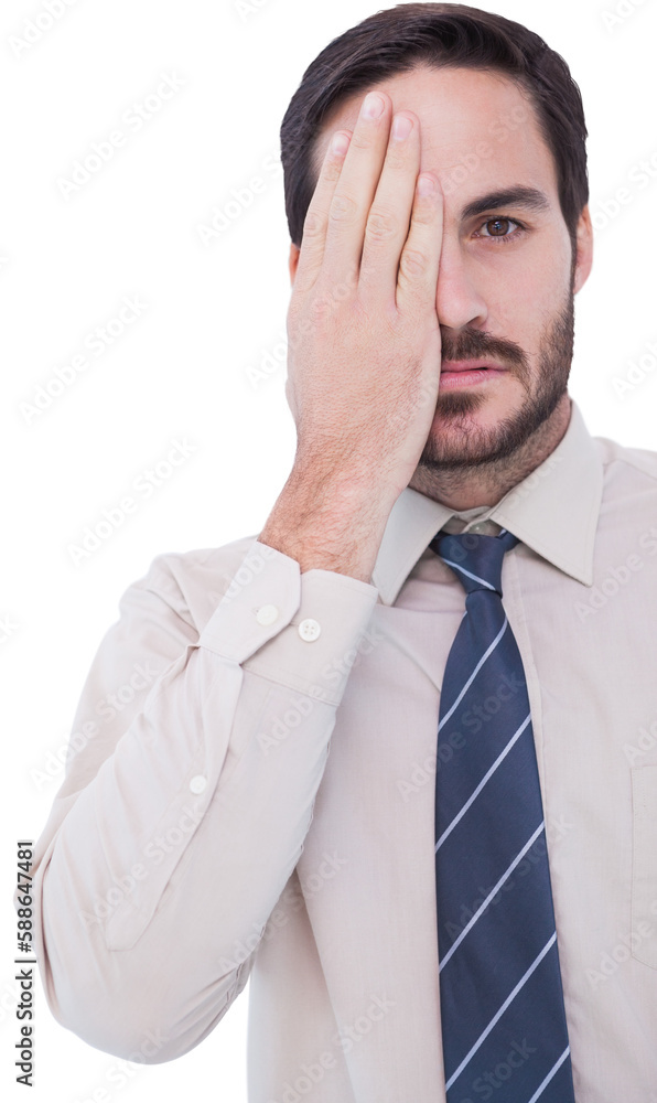 Unsmiling patient looking at camera with one eye Unsmiling patient looking at camera with one eye