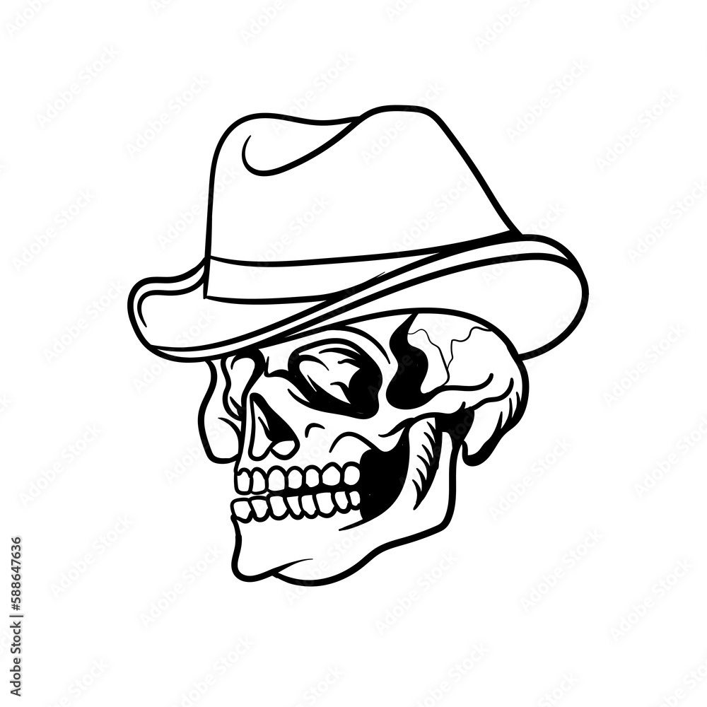 Hand drawn illustration of a cowboy skull outline