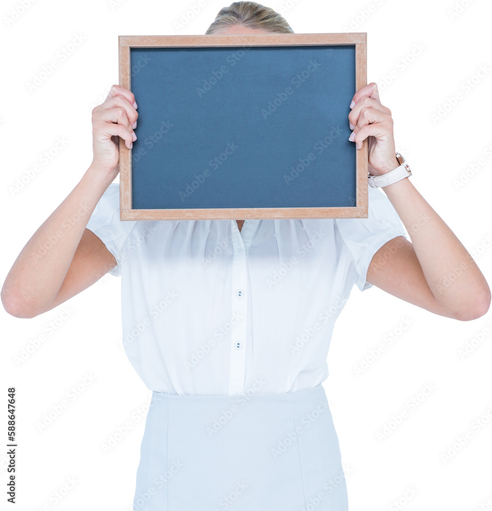 Fototapeta premium Businesswoman hiding face with chalkboard 