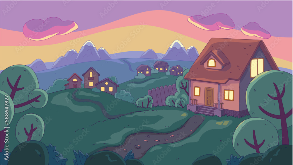 Beautiful evening horizontal landscape of a village with several houses in the rays of the setting sun in a cartoon style