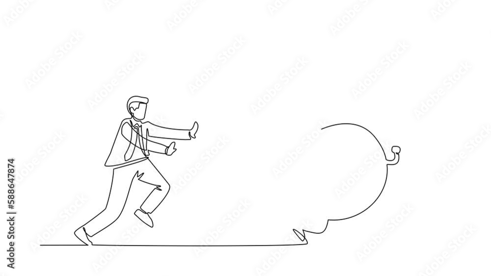 Self drawing animation of single one line draw stressed businessman chasing time or clock. Office worker being chased by work deadlines. Running out of time. Continuous line draw. Full length animated Self drawing animation of single one line draw stressed businessman chasing time or clock. Office worker being chased by work deadlines. Running out of time. Continuous line draw. Full length animated