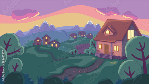 Beautiful evening horizontal landscape of a village with several houses in the rays of the setting sun in a cartoon style