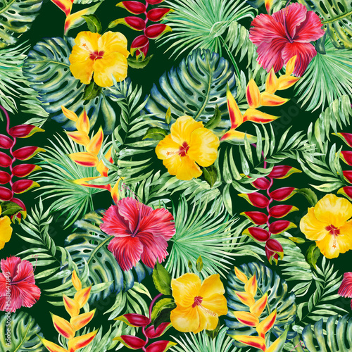 Tropical leaves and flowers watercolor seamless pattern. Exotic jungle plants endless background for wallpaper and fabric. Hawaiian hand drawn backdrop style.