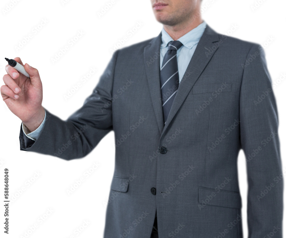 Businessman writing with marker invisible screen Businessman writing with marker invisible screen