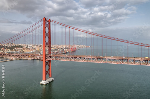 Aerial view of the 25 de Abril Bridge in Lisbon, Portugal