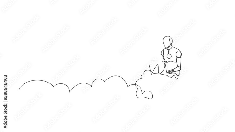 Self drawing animation of single line draw robot sitting on cloud in ...