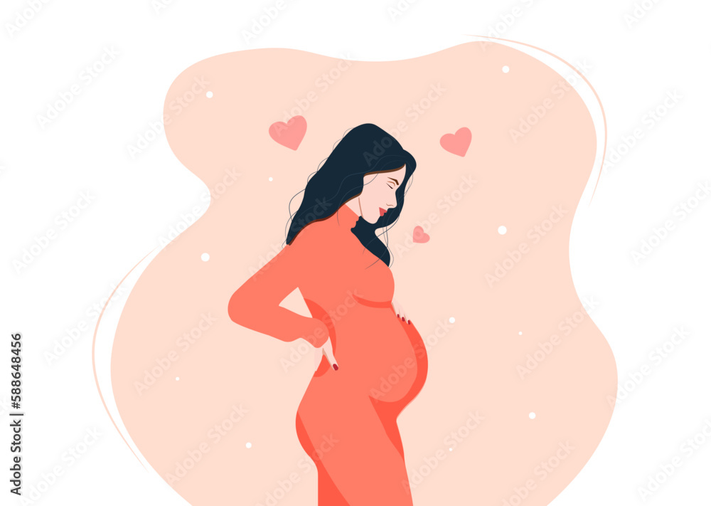 pregnant woman holding hear belly. flat style. type of pregnancy resources.