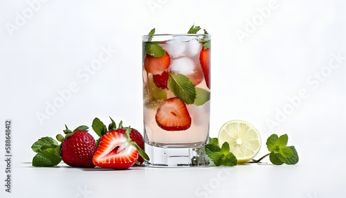 Refreshing Strawberry Lemonade with Crushed Ice and Mint isolated on white  Generative AI