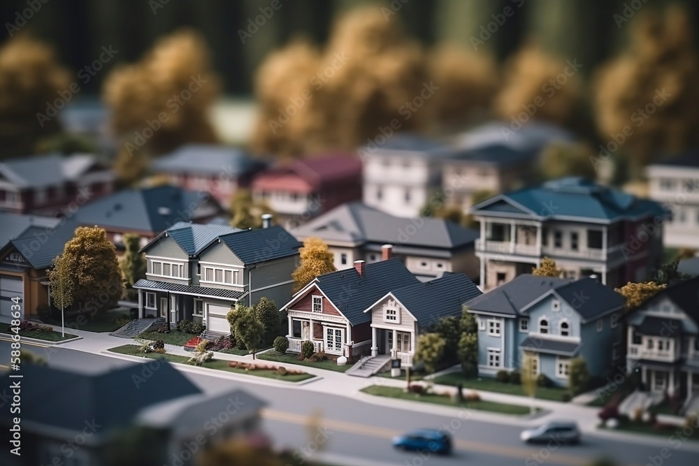 Modern generic suburb style model buildings with tilt shift effect, created with generative AI Modern generic suburb style model buildings with tilt shift effect, created with generative AI